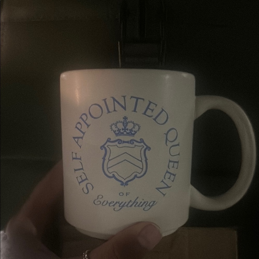 White Mug with Blue Text